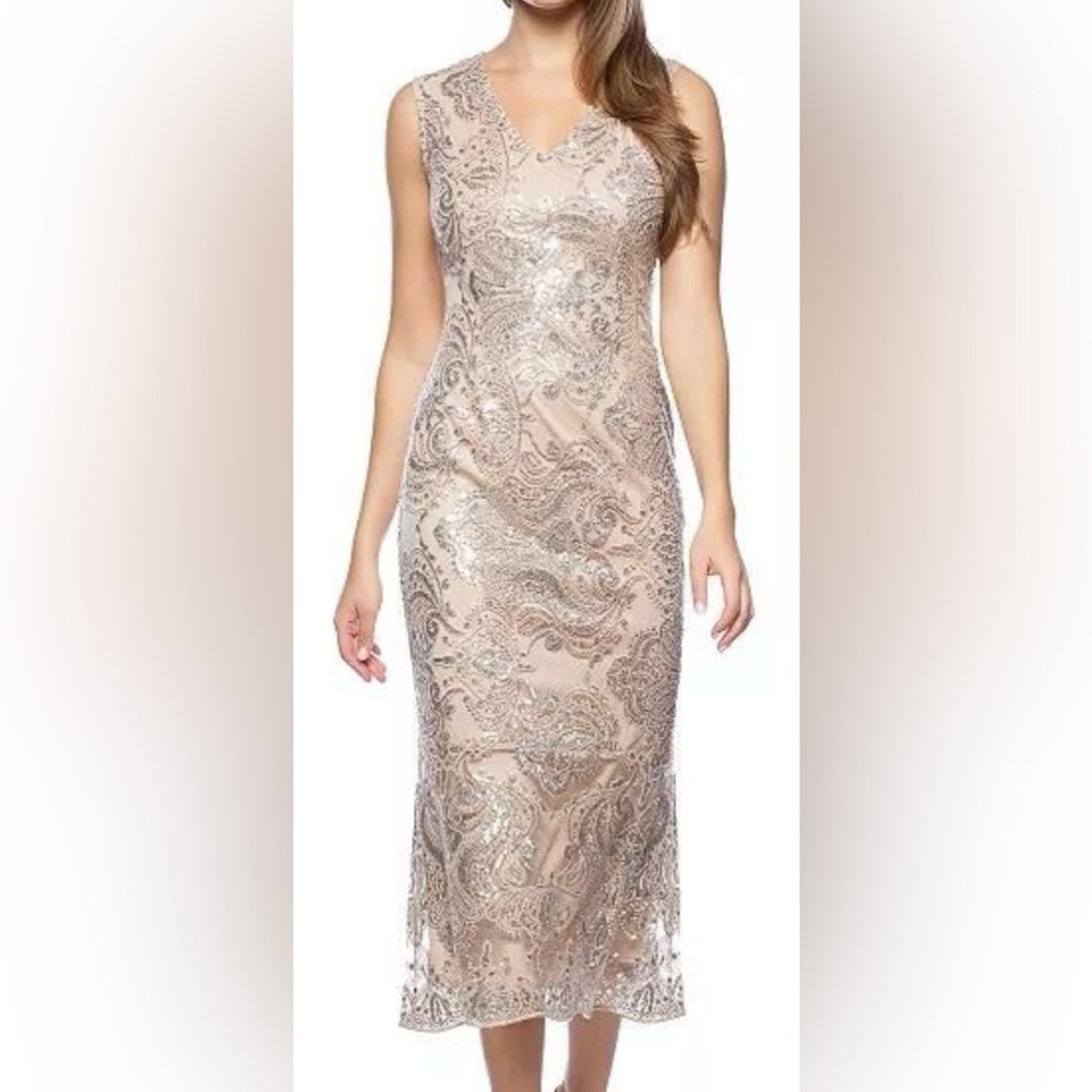 Elegant Marina Women’s V-Neck Midi Cocktail Sequin Lace Dress. Size M.